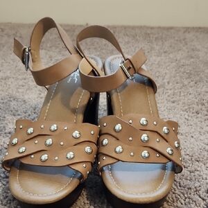 Brown Flat Sandals with Studded Straps and Ankle Buckle